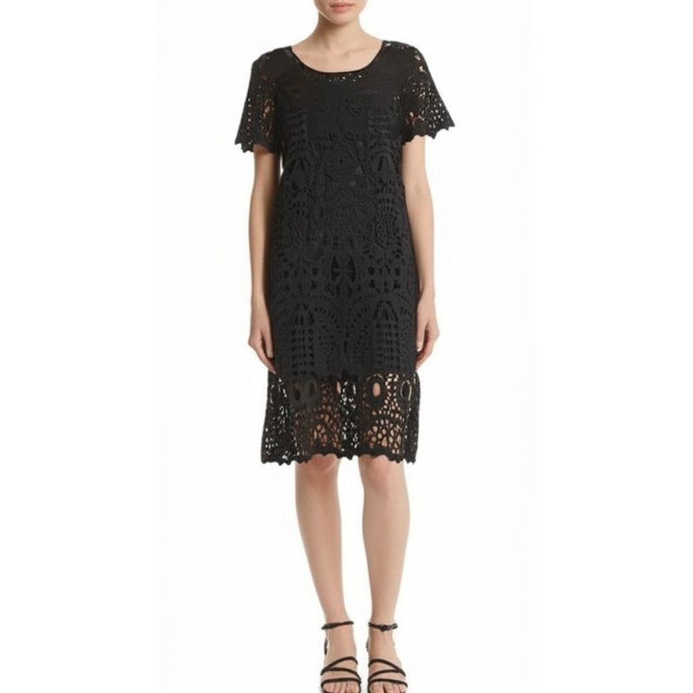 Polagram black crochet lace overlay short sleeve ruffle hem Knee Length dress S